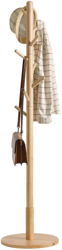Ibenzoa® Vrijstaande houten kapstok met ronde voet en acht haken in natuurlijke kleur