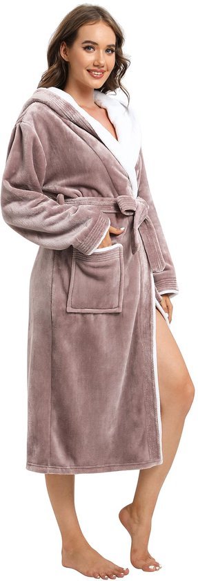 Ibenzoa® Warme en zachte dames badjas met capuchon en lange fleece stof