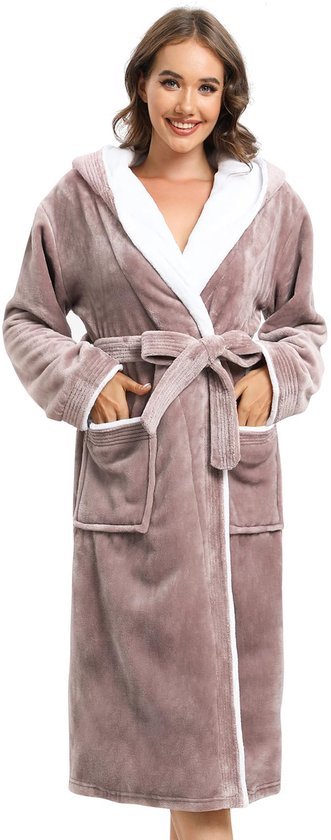 Ibenzoa® Warme en zachte dames badjas met capuchon en lange fleece stof
