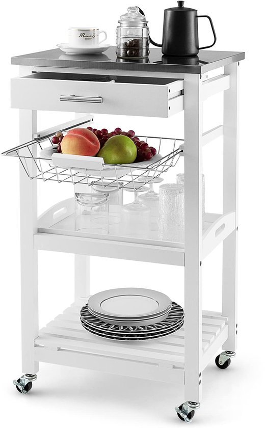 Ibenzoa® Kleine keukenwagen met roestvrijstalen werkblad en opbergruimte op wielen