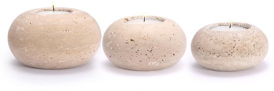 Ibenzoa® Set van drie stijlvolle handgemaakte kaarsenhouders van travertin en marmer Ibenzoa® Set van drie stijlvolle handgemaakte kaarsenhouders van travertin en marmer
