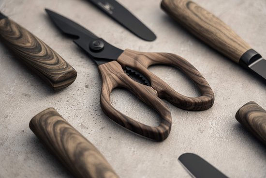 Ibenzoa® Roestvrijstalen keukenschaar met ergonomische houten handgreep en notenkraker