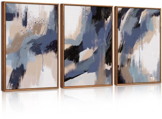 Ibenzoa® Drie Stuks Abstracte Wanddecoratie in Blauw en Beige voor Diverse Kamers