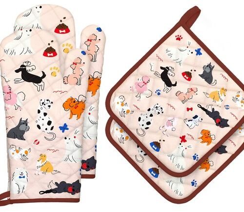 Ibenzoa® Set van 4 hittebestendige ovenwanten en pannenlappen in levendig design