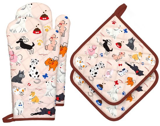 Ibenzoa® Set van 4 hittebestendige ovenwanten en pannenlappen in levendig design