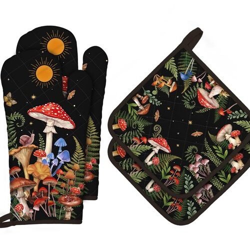 Ibenzoa® Set van 4 kleurrijke katoenen ovenwanten en pannenlappen voor veilig koken