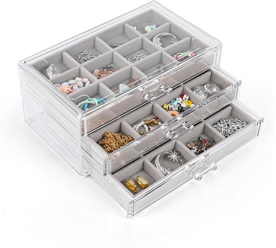 Ibenzoa® Transparante sieradenopberger met fluwelen lade-inzet voor kettingen en ringen Ibenzoa® Transparante sieradenopberger met fluwelen lade-inzet voor kettingen en ringen