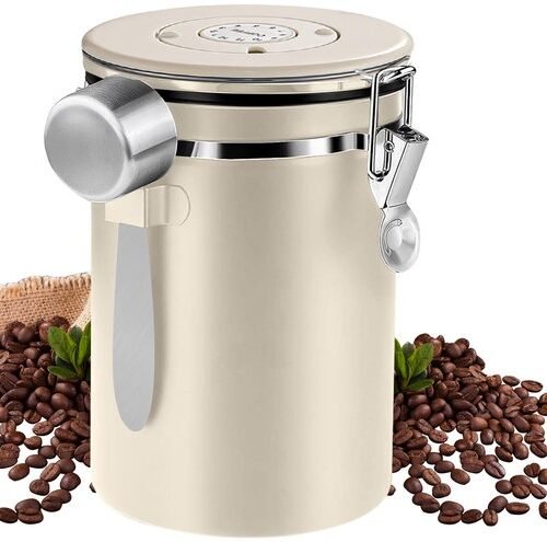 Ibenzoa® Luchtdichte koffiecontainer van roestvrij staal met datumweergave en lepel