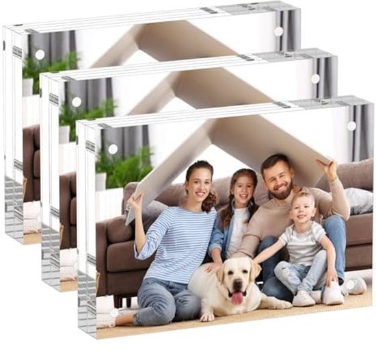 Unyqoos® Set van drie frameloze acryl fotolijsten voor dubbelzijdig gebruik op bureau