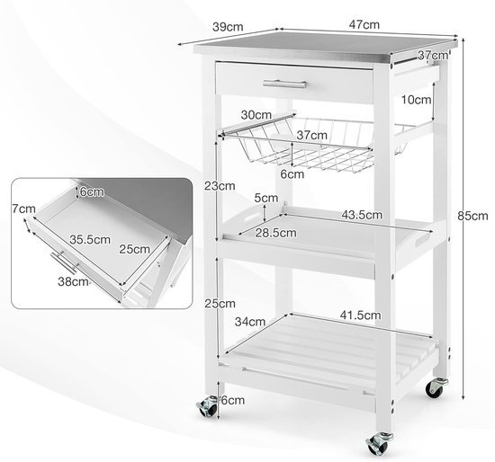 Ibenzoa® Kleine keukenwagen met roestvrijstalen werkblad en opbergruimte op wielen