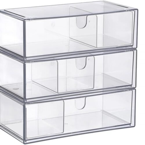 Ibenzoa® Set van drie doorzichtige acryl opbergdozen met stapelbare laden en scheidingswanden