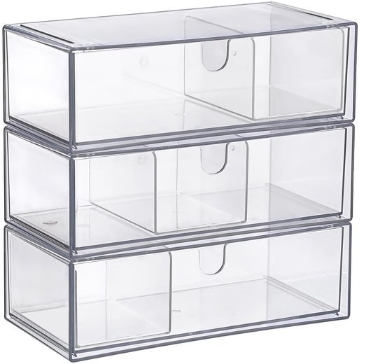 Ibenzoa® Set van drie doorzichtige acryl opbergdozen met stapelbare laden en scheidingswanden Ibenzoa® Set van drie doorzichtige acryl opbergdozen met stapelbare laden en scheidingswanden