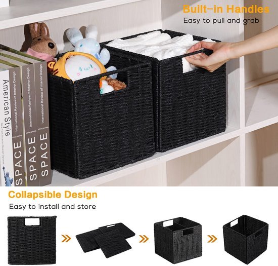 Ibenzoa® Handgeweven opvouwbare kubusvormige opbergmanden set van 2 voor veelzijdige organisatie thuis Ibenzoa® Handgeweven opvouwbare kubusvormige opbergmanden set van 2 voor veelzijdige organisatie thuis
