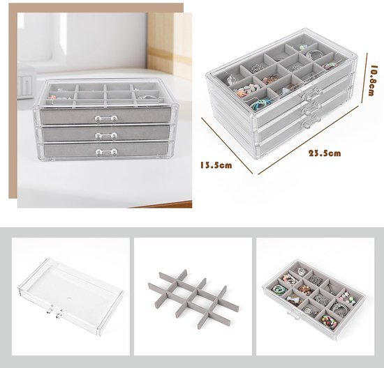 Ibenzoa® Transparante sieradenopberger met fluwelen lade-inzet voor kettingen en ringen Ibenzoa® Transparante sieradenopberger met fluwelen lade-inzet voor kettingen en ringen