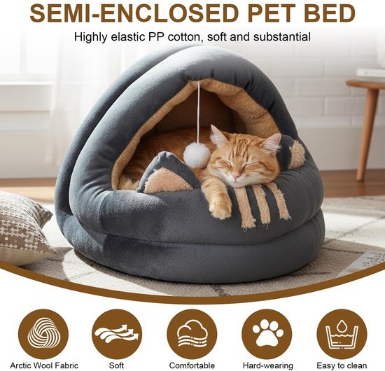 Ibenzoa® Gezellig en stijlvol kattenbed met zacht kussen en speelbal voor binnen