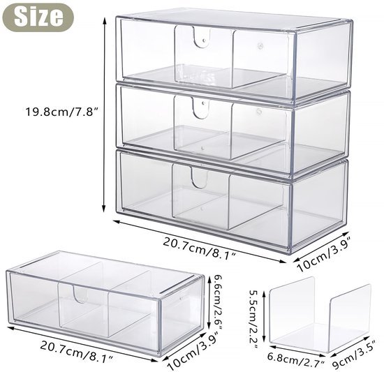 Ibenzoa® Set van drie doorzichtige acryl opbergdozen met stapelbare laden en scheidingswanden Ibenzoa® Set van drie doorzichtige acryl opbergdozen met stapelbare laden en scheidingswanden