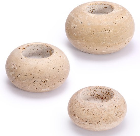 Ibenzoa® Set van drie stijlvolle handgemaakte kaarsenhouders van travertin en marmer Ibenzoa® Set van drie stijlvolle handgemaakte kaarsenhouders van travertin en marmer