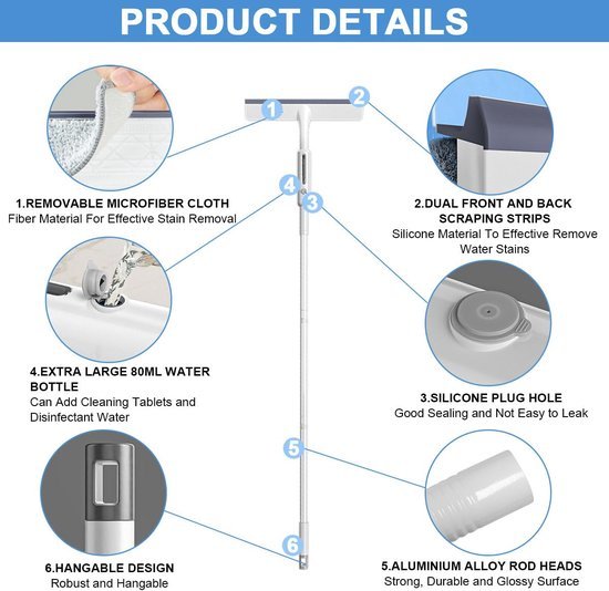 Ibenzoa® Innovatieve raamreiniger met sproeifunctie en verlengstang voor hoge ramen