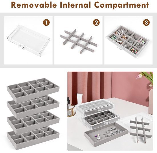 Ibenzoa® Transparante sieradenopberger met fluwelen lade-inzet voor kettingen en ringen Ibenzoa® Transparante sieradenopberger met fluwelen lade-inzet voor kettingen en ringen