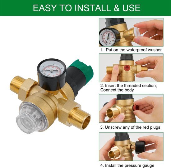 Unyqoos® Messing waterdrukregelaar met manometer en filter voor optimale waterkwaliteit