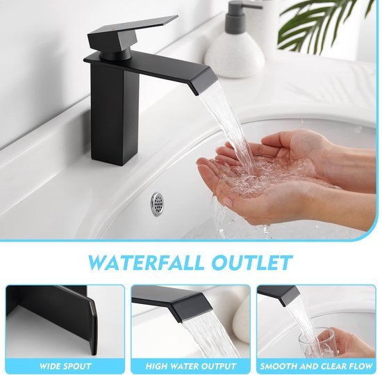 Ibenzoa® Moderne matzwarte badkamerkraan met watervaluitloop en afvoergarnituur Ibenzoa® Moderne matzwarte badkamerkraan met watervaluitloop en afvoergarnituur