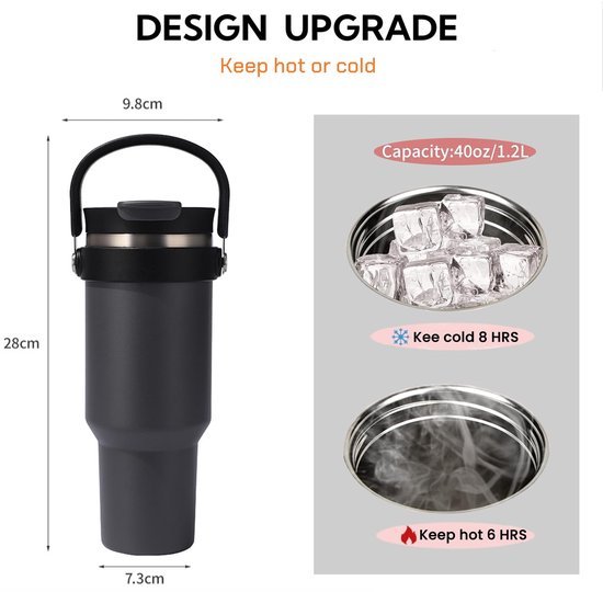 Ibenzoa® Handige roestvrijstalen thermosbeker met rietje en handvat, ideaal voor onderweg