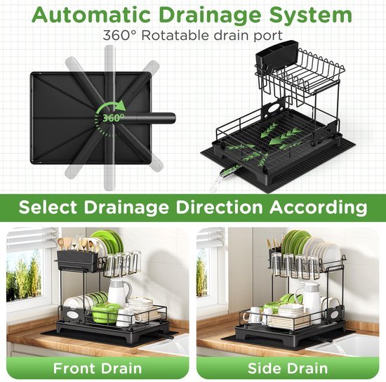 Ibenzoa® Ruimtebesparend tweelaags afdruiprek met lekbak en roestvrij stalen constructie