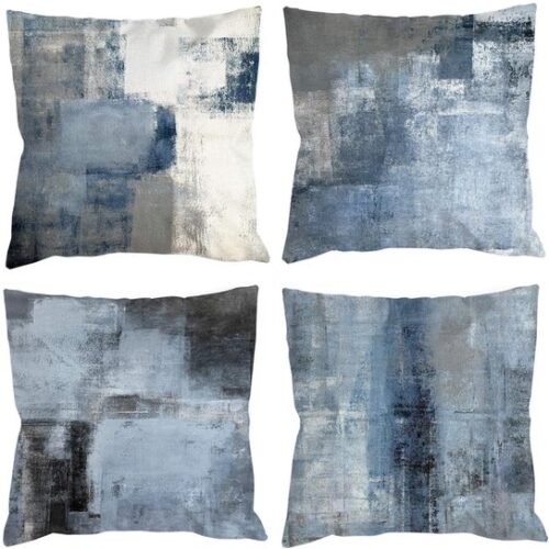 Ibenzoa® Set van 4 decoratieve kussenslopen in blauwgrijze tinten met abstract ontwerp