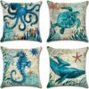 Ibenzoa® Set van 4 waterafstotende kussenhoezen met blauw zeeleven design voor buiten