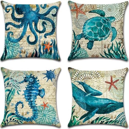 Ibenzoa® Set van 4 waterafstotende kussenhoezen met blauw zeeleven design voor buiten