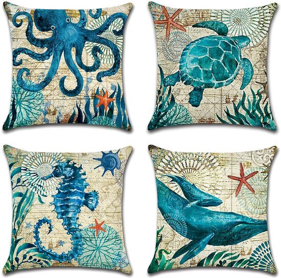 Ibenzoa® Set van 4 waterafstotende kussenhoezen met blauw zeeleven design voor buiten