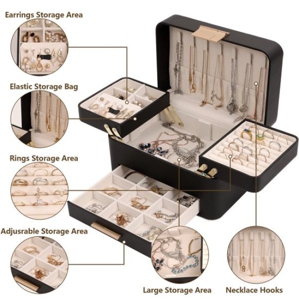 Unyqoos® Ruime en stijlvolle sieradenorganizer met drie niveaus voor dames Unyqoos® Ruime en stijlvolle sieradenorganizer met drie niveaus voor dames