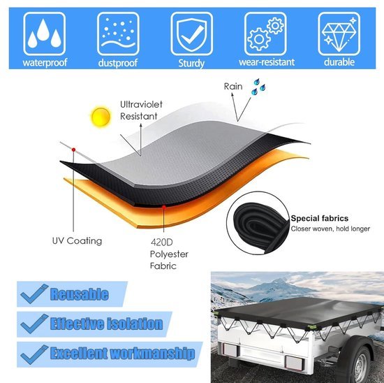 Ibenzoa® Weerbestendig afdekzeil voor aanhangers met reflecterende strepen en elastische touwen