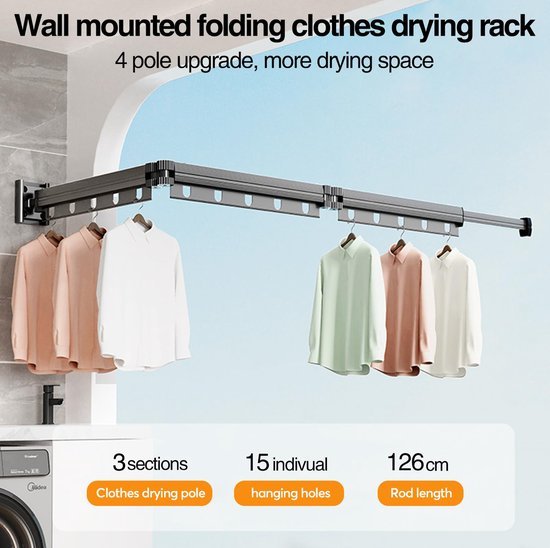 Ibenzoa® Ruimtebesparend uittrekbaar wasrek voor wandmontage met verstelbare stangen Ibenzoa® Ruimtebesparend uittrekbaar wasrek voor wandmontage met verstelbare stangen