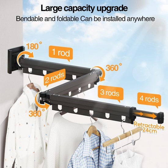 Ibenzoa® Ruimtebesparend uittrekbaar wasrek voor wandmontage met verstelbare stangen Ibenzoa® Ruimtebesparend uittrekbaar wasrek voor wandmontage met verstelbare stangen