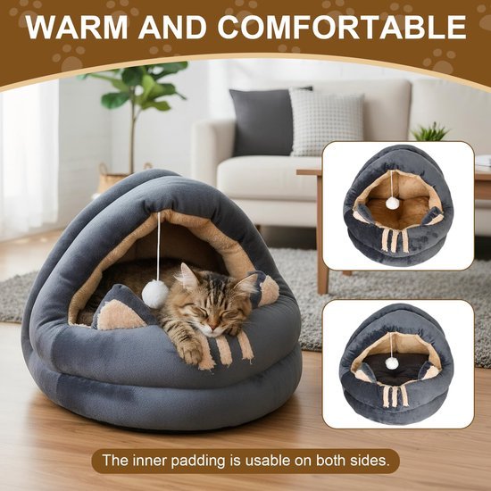 Ibenzoa® Gezellig en stijlvol kattenbed met zacht kussen en speelbal voor binnen