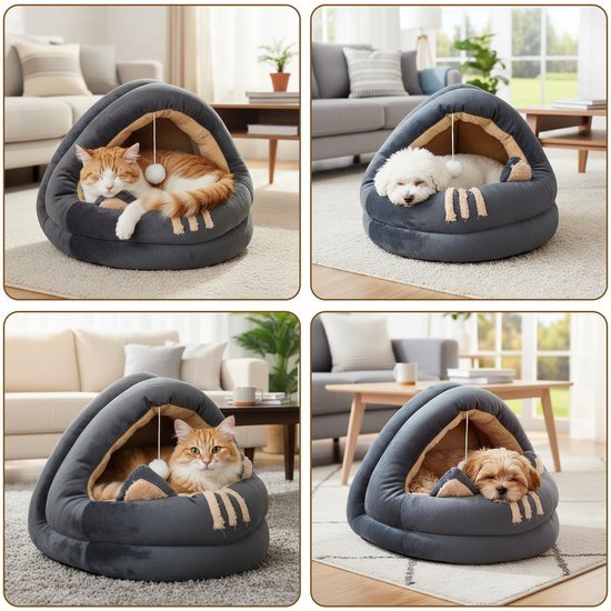 Ibenzoa® Gezellig en stijlvol kattenbed met zacht kussen en speelbal voor binnen