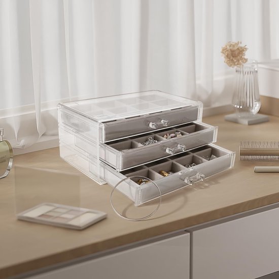 Ibenzoa® Transparante sieradenopberger met fluwelen lade-inzet voor kettingen en ringen Ibenzoa® Transparante sieradenopberger met fluwelen lade-inzet voor kettingen en ringen