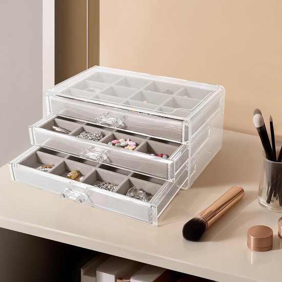 Ibenzoa® Transparante sieradenopberger met fluwelen lade-inzet voor kettingen en ringen Ibenzoa® Transparante sieradenopberger met fluwelen lade-inzet voor kettingen en ringen