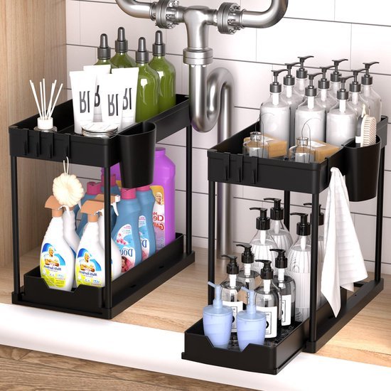 Ibenzoa® Dubbele onderkast organizer met schuiflade en accessoires voor badkamer en keuken Ibenzoa® Dubbele onderkast organizer met schuiflade en accessoires voor badkamer en keuken