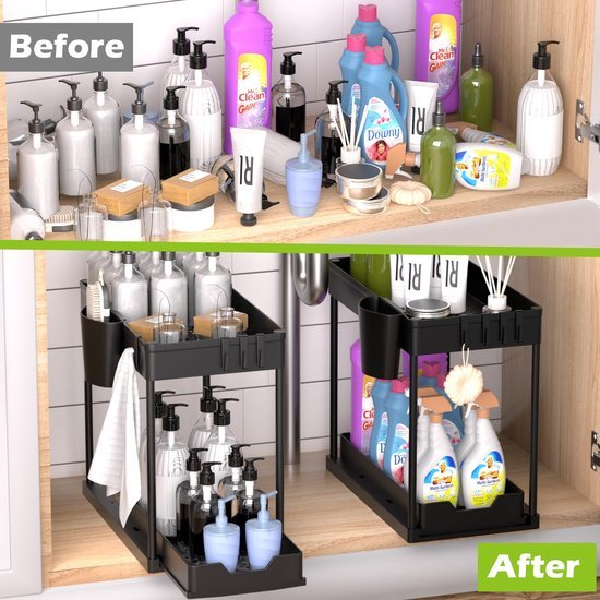 Ibenzoa® Dubbele onderkast organizer met schuiflade en accessoires voor badkamer en keuken Ibenzoa® Dubbele onderkast organizer met schuiflade en accessoires voor badkamer en keuken