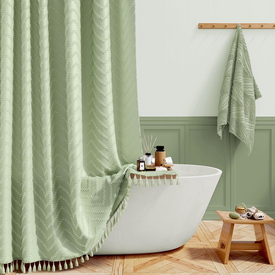 Ibenzoa® Stijlvol saliegroen douchegordijn met chevron patroon en kwastjes