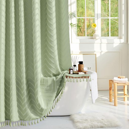 Ibenzoa® Stijlvol saliegroen douchegordijn met chevron patroon en kwastjes