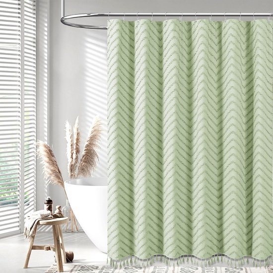 Ibenzoa® Stijlvol saliegroen douchegordijn met chevron patroon en kwastjes