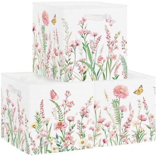 Ibenzoa® Set van drie opvouwbare opbergdozen met bloemenmotief en handgrepen