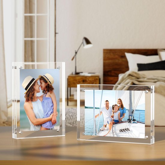 Unyqoos® Set van drie frameloze acryl fotolijsten voor dubbelzijdig gebruik op bureau