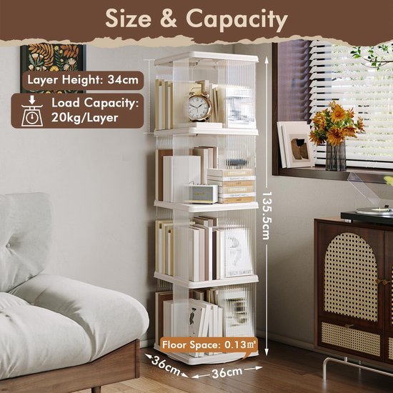 Ibenzoa® Draaibare boekenkast met vier niveaus voor compacte opbergruimte