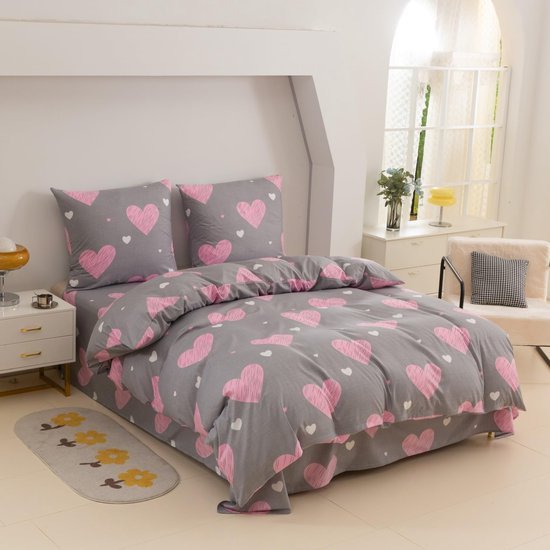 Ibenzoa® Roze en Grijze Beddengoedset van Katoen Microvezel met Hartmotief