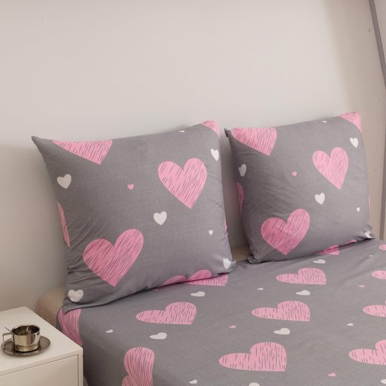Ibenzoa® Roze en Grijze Beddengoedset van Katoen Microvezel met Hartmotief