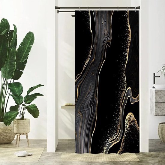 Ibenzoa® Stijlvol zwart en goud douchegordijn met marmerlook voor moderne badkamer